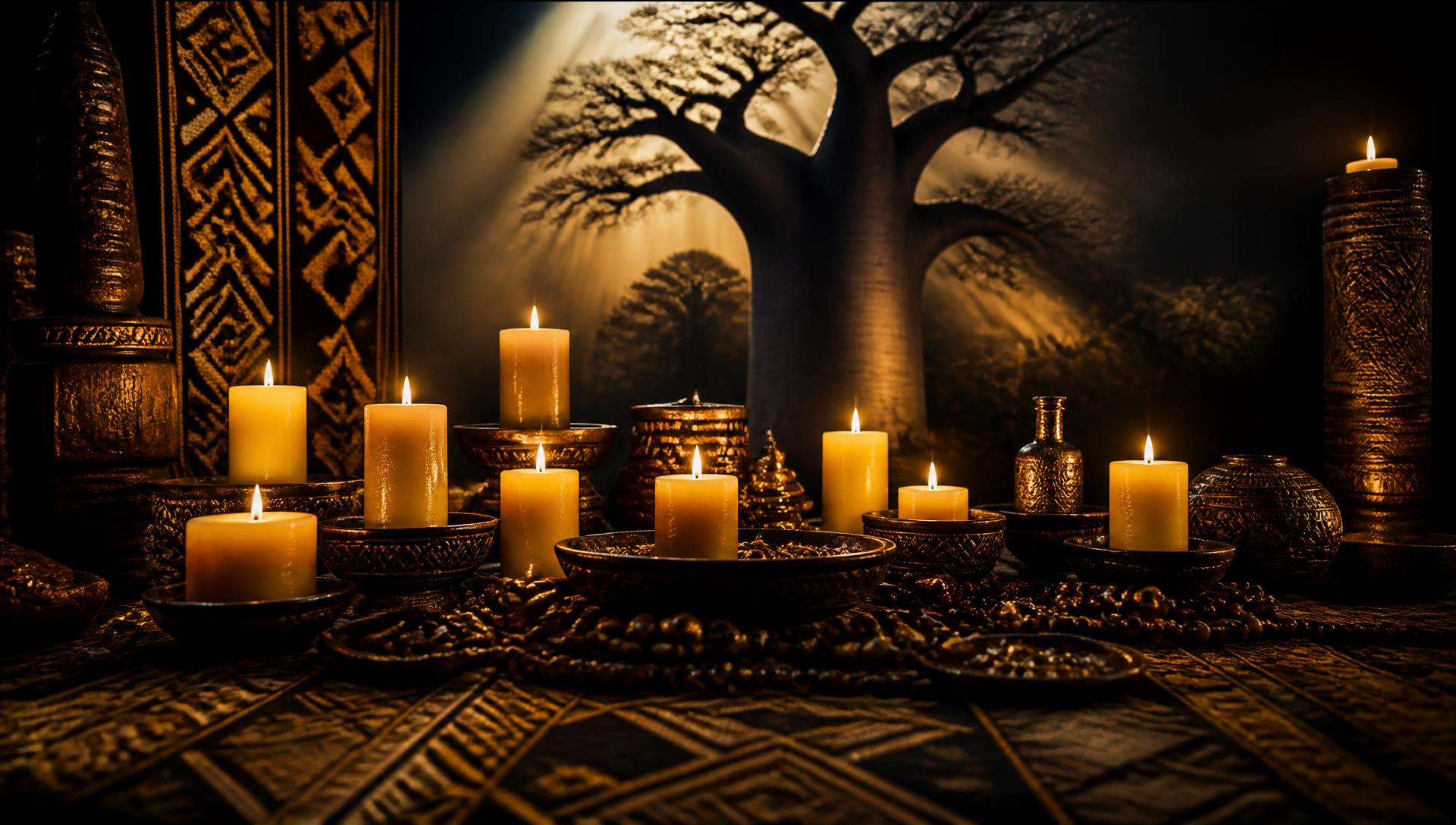 Altar of lit candles glowing gold before an ancient baobab tree at night