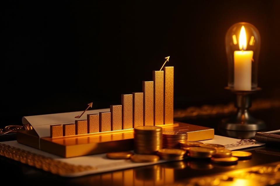 Golden growth chart and stacked coins lit by warm candlelight on a dark desk