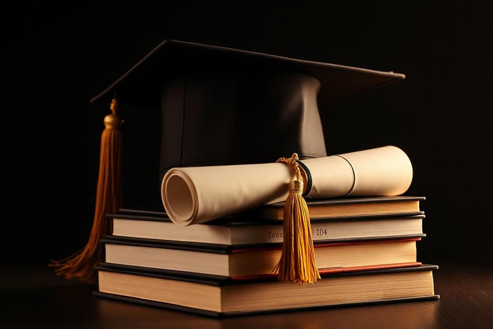 Graduation cap and diploma with a gold tassel resting on a stack of books