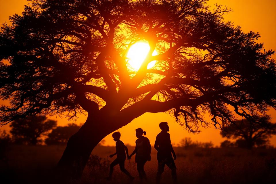 Silhouette of a family holding hands beneath a large acacia tree at golden hour