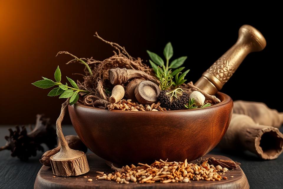 Dried medicinal herbs and roots in a carved wooden bowl with a brass pestle