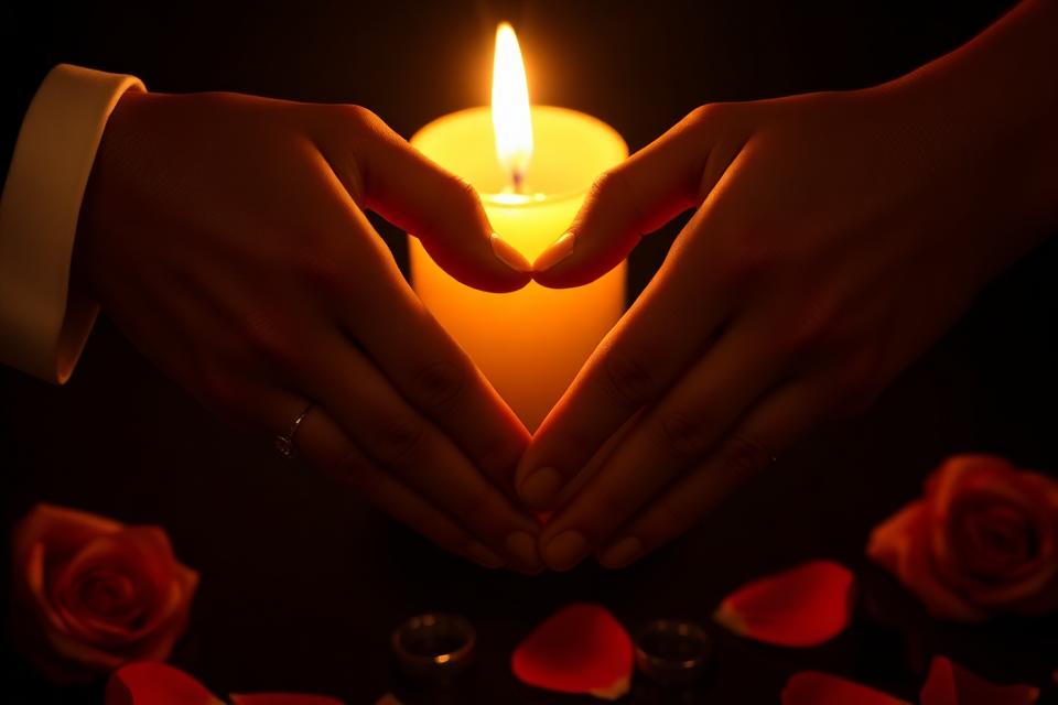 Two hands forming a heart around a glowing candle surrounded by rose petals