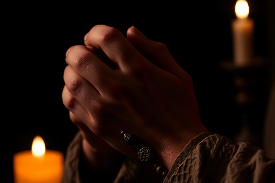 Hands clasped in prayer holding wooden prayer beads beside lit candles