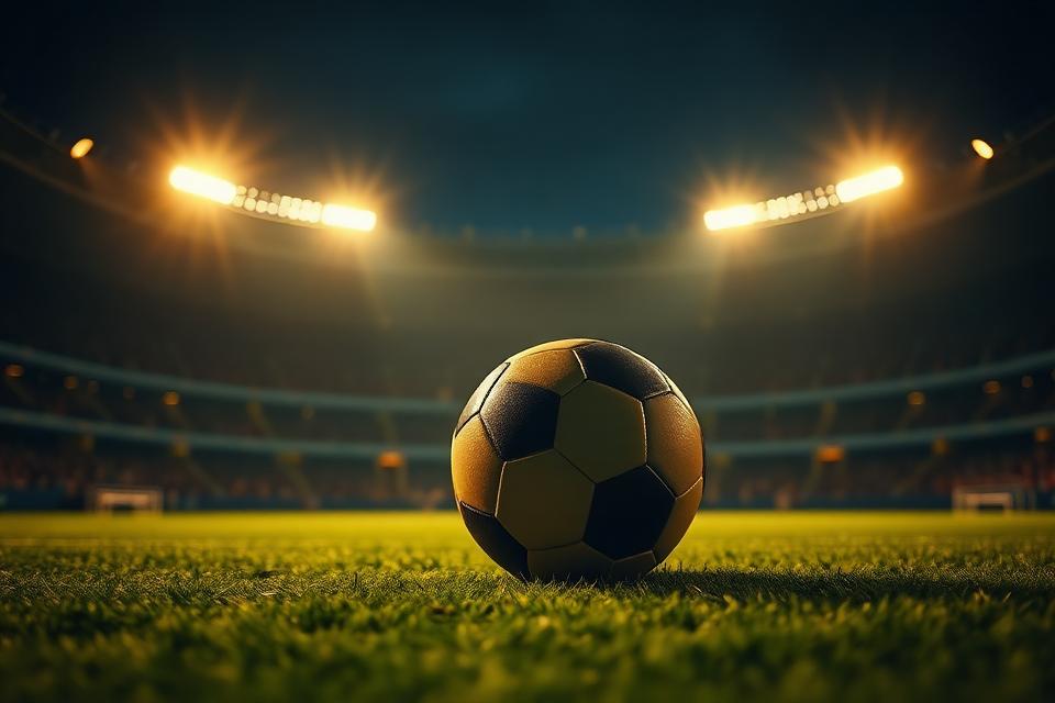 Football resting on a floodlit pitch under warm golden stadium lights